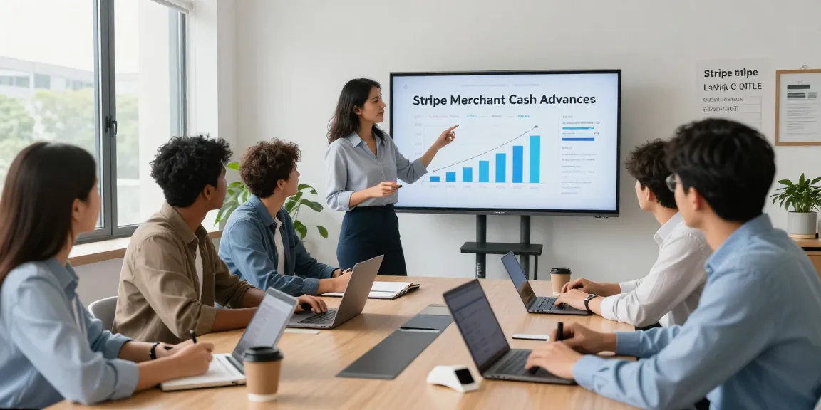 Collaborative office team discussing Stripe merchant cash advance strategies in a bright conference room.