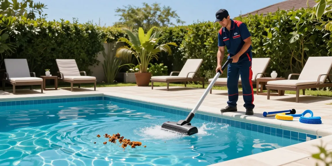 Effective cleaning pool techniques showcased during čišćenje bazena service, emphasizing cleanliness and professionalism in a sunny setting.
