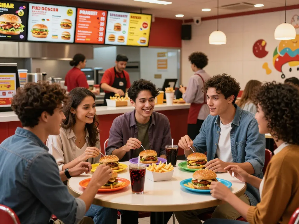 Friends enjoying meals at a fast food restaurant, showcasing vibrant fast food prices.