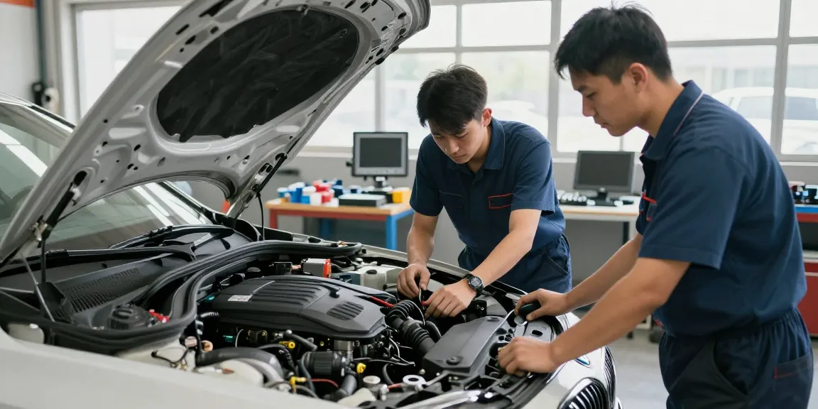 Professionelle BMW Werkstatt Hannover mit Technikern bei der Motorinspektion und Diagnosegeräten.