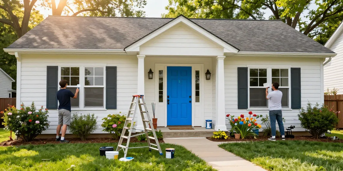 Painters in Nashville TN applying vibrant exterior paint on a charming home, showcasing craftsmanship and attention to detail.