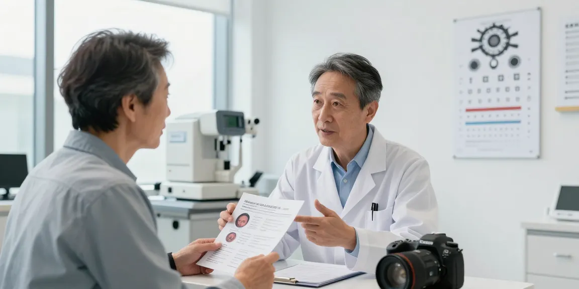 Consultation for glaucoma treatment in a modern ophthalmology clinic, showcasing doctor and patient discussing symptoms.