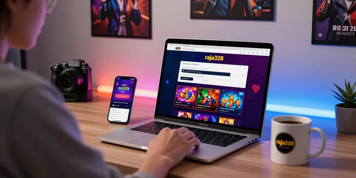 Engaging scene of daftar raja328 registration process on a laptop with vibrant game graphics.