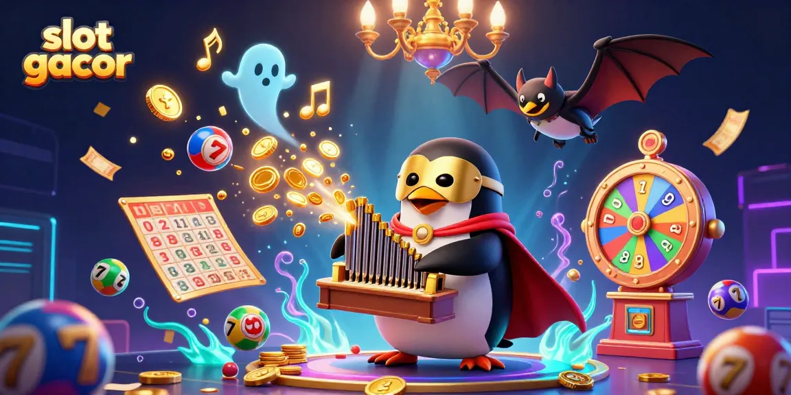 Engage with the vibrant slot gacor world featuring a penguin organist shooting coins amidst dynamic casino elements.