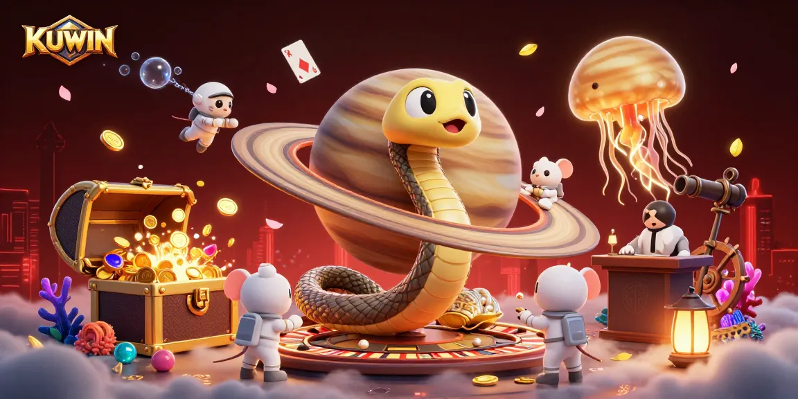 KUWIN gaming scene featuring a Saturn ring snake casino roulette with astronaut mice betting on vibrant rings