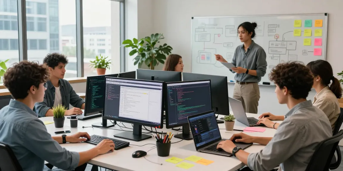 Software engineers collaborating in a vibrant workspace on NAGA2000 projects, showcasing modern coding tools and teamwork.