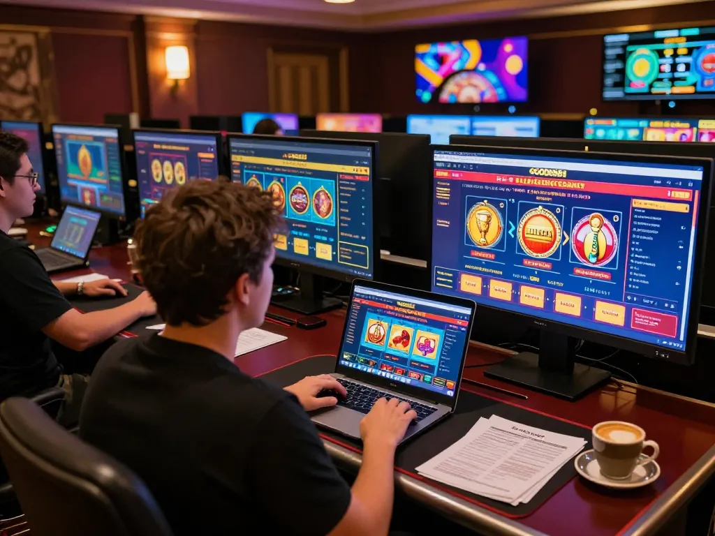 Engaging gameplay at GOOD88 online casino through multiple screens in a stylish setup