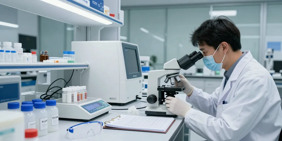 Scientist examining KLOW peptide stack formulation in modern lab setting.