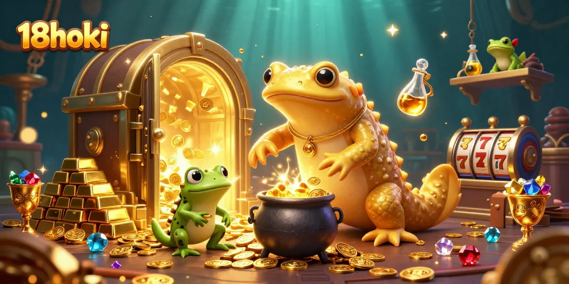 Immerse in 18hoki's golden world as the alchemist transforms base metals into riches amidst a lively casino scene.