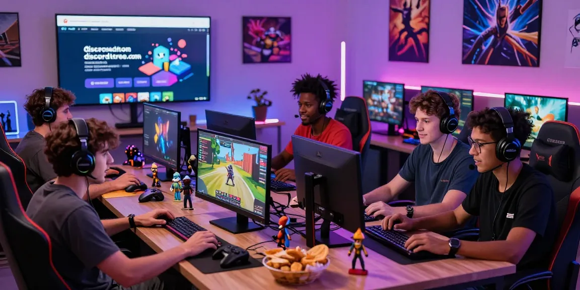 Engaging Discord gaming community with vibrant members on discordtree.com surrounded by gaming accessories.