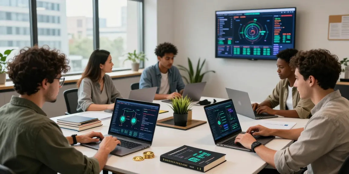 Bitcoin cloud mining collaborative workspace with cryptocurrency analytics and team discussions in a modern co-working setting.