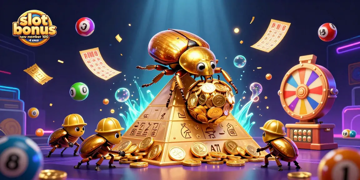 Slot bonus anggota baru 100 di awal memperlihatkan bugs emas raksasa menggulung koin sambil dikelilingi bola lotere berwarna-warni.
