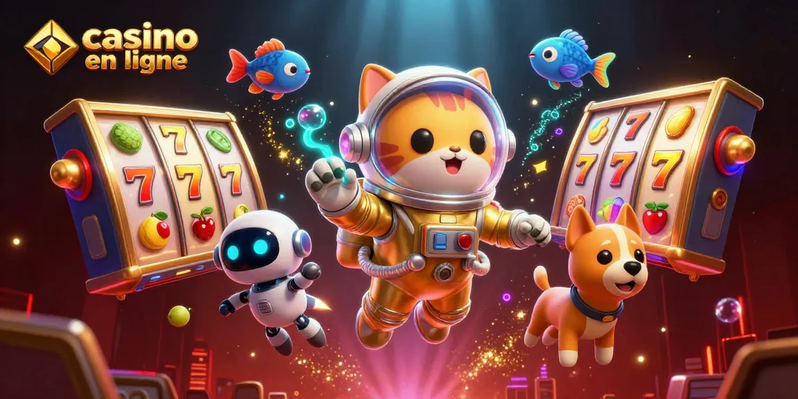 Visualisez le monde du casino en ligne avec un chat astronaute et un chien robot flottant dans l'espace.