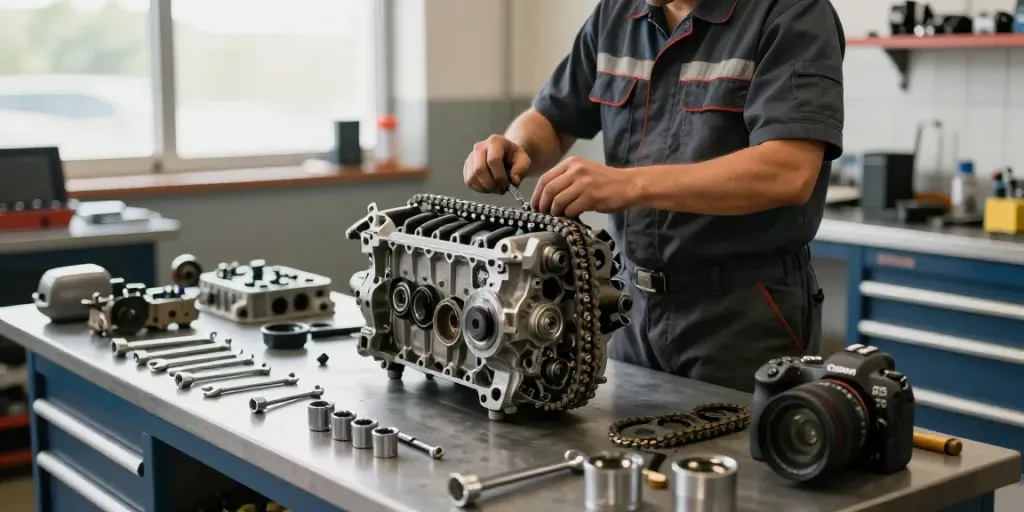Mechaniker, der eine BMW Steuerkette in Hannover wechselt, umgeben von Werkzeugen.