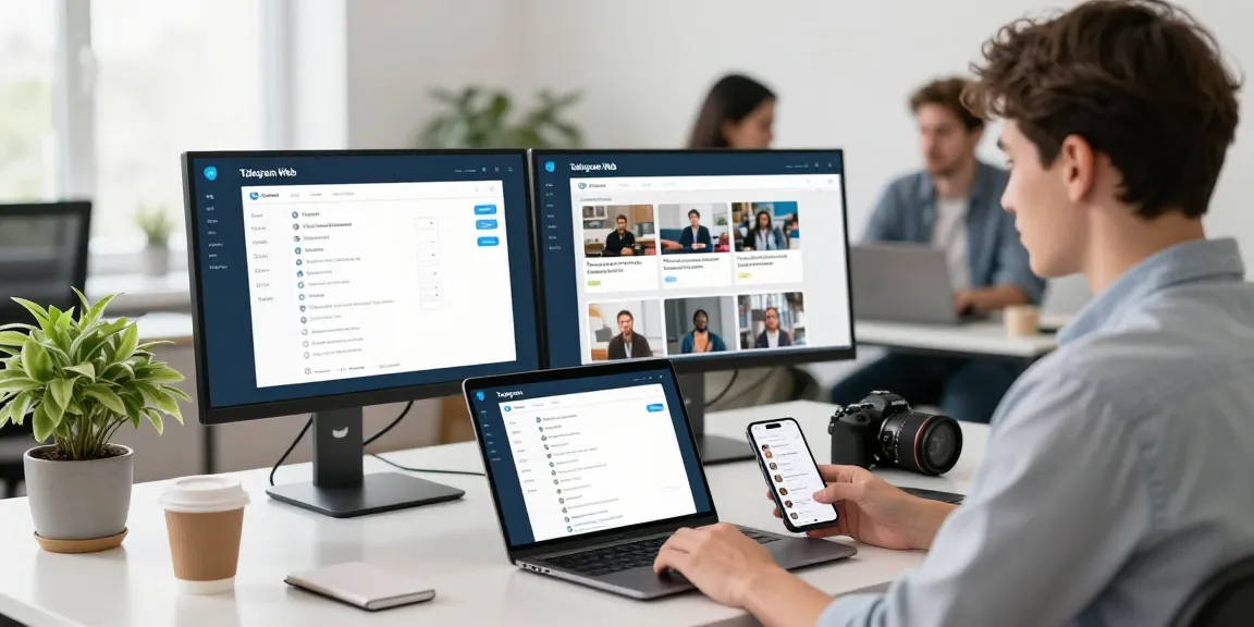 Using Telegram Web on a laptop in a modern workspace, showcasing productivity and communication.