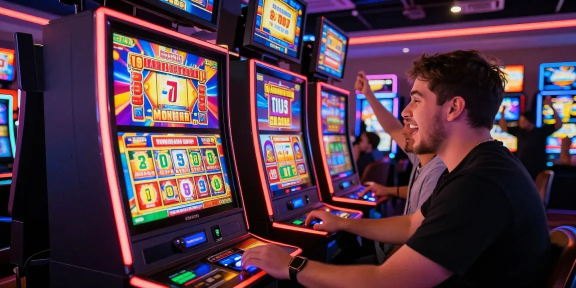 Excited player engaging with slot deposit 1000 game, vibrant casino atmosphere with neon lights and jackpot displays.