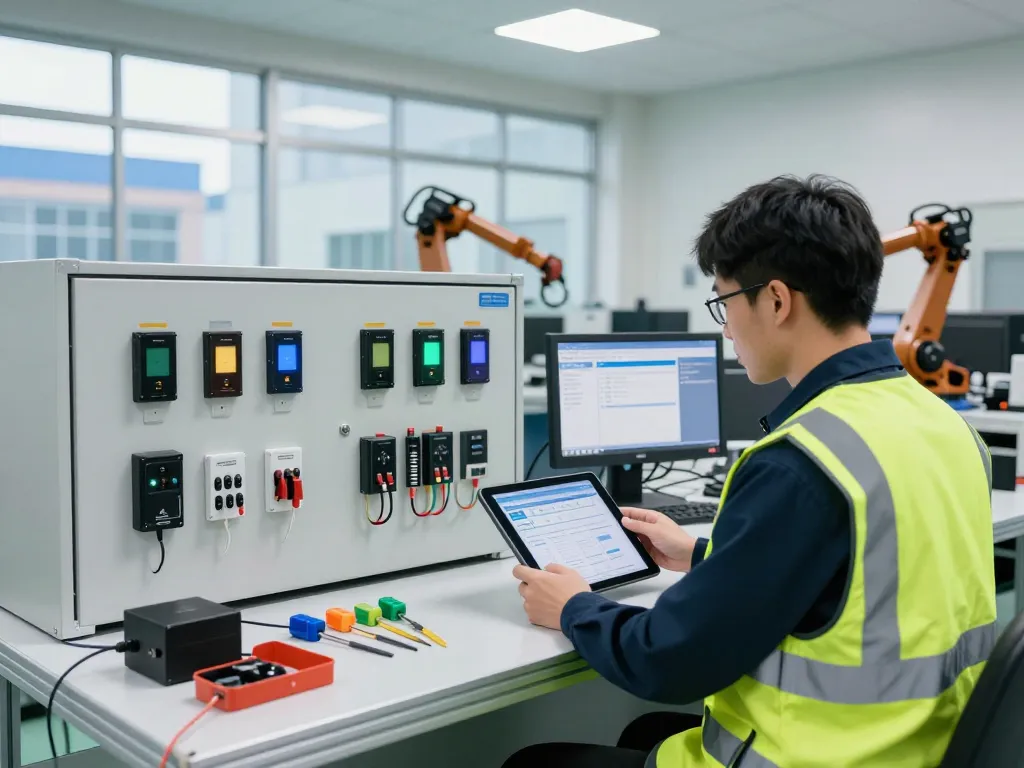 Technician at Hải Phòng Tech analyzing industrial sensors in a modern automation workspace