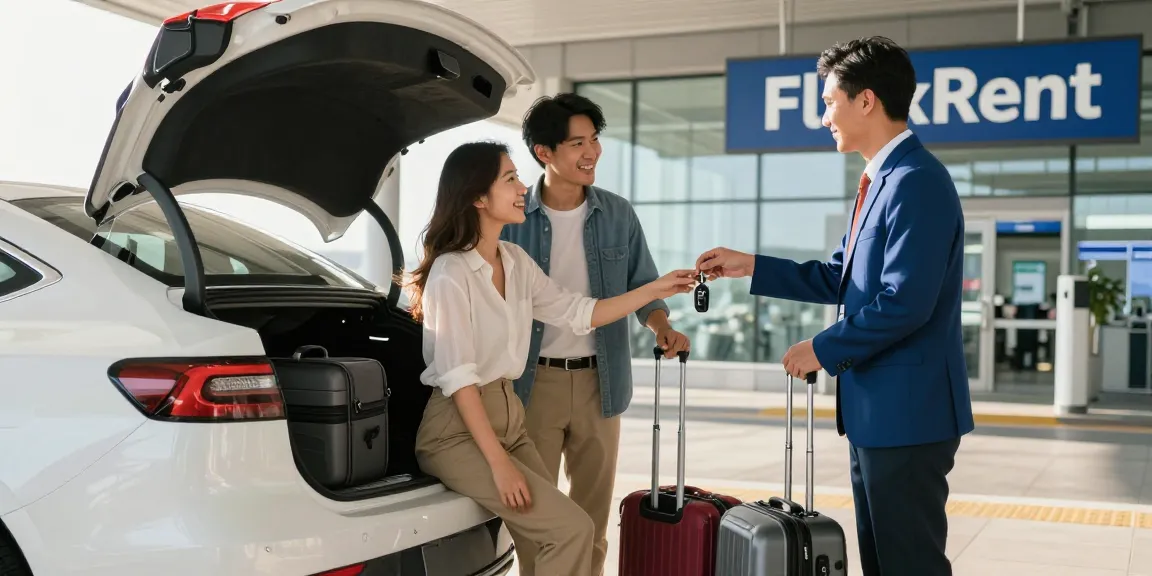 Happy travelers enjoy seamless FlexRent car rental experience at the airport.