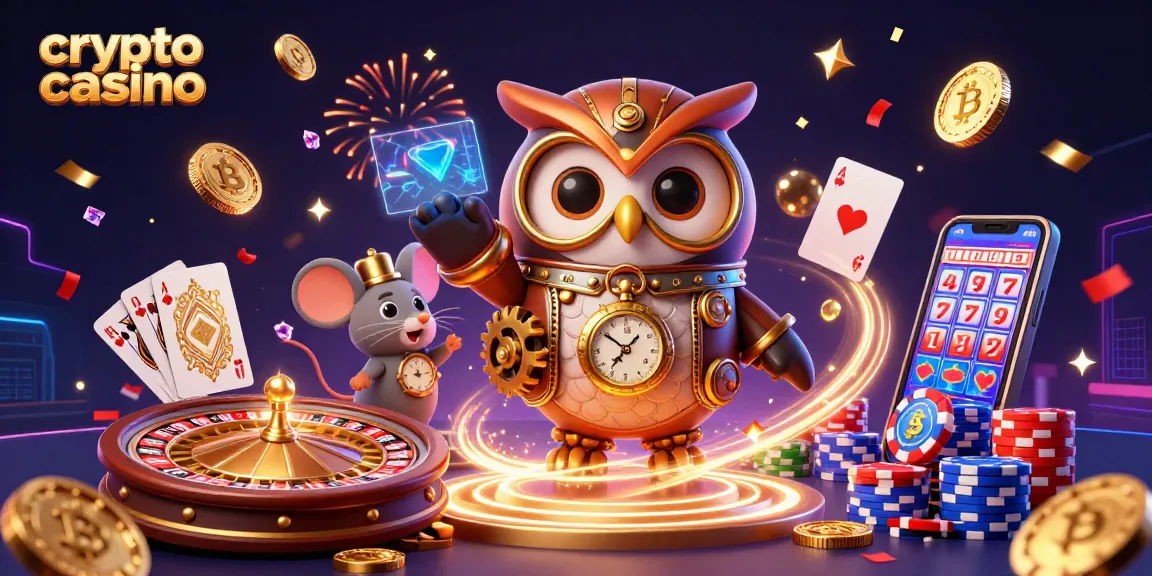 Juega y gana en un crypto casino con un búho viajero y elementos futuristas.