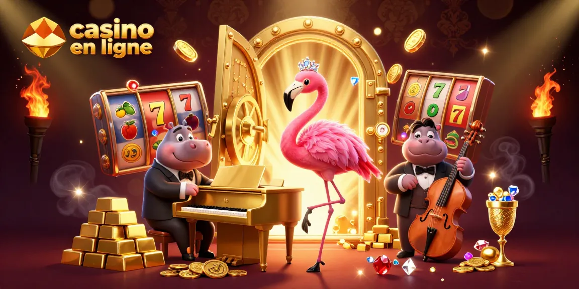 Découvrez une scène vibrante de casino en ligne avec un flamant rose chanteur et des éléments de machines à sous.