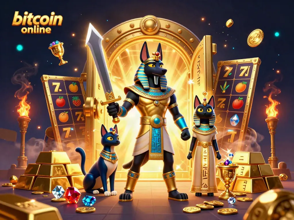 Play at a stunning bitcoin online casino with ancient Egyptian themes and dynamic slot game elements.