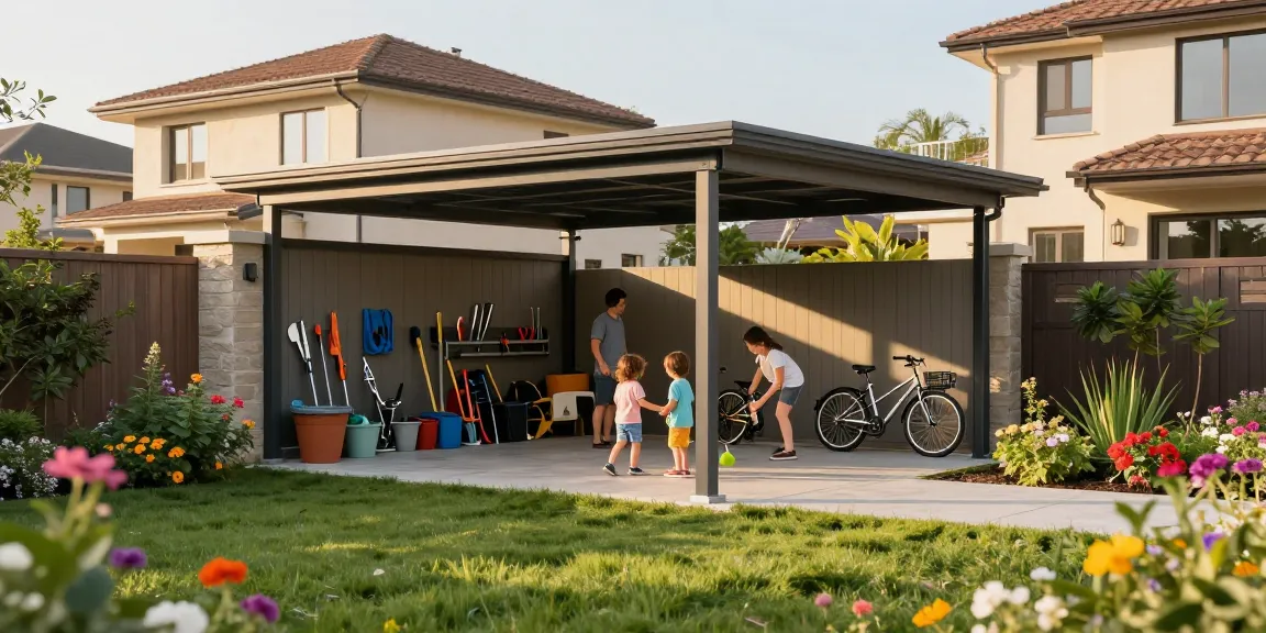 Moderne Carport-Installation im Garten, die Schutz bietet und das Familienleben bereichert.