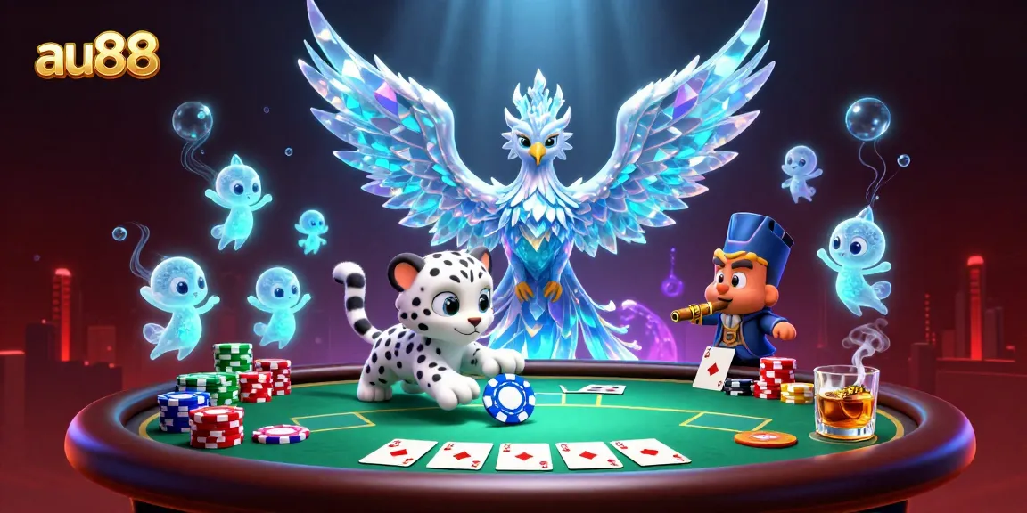 Engage with the enchanting au88 universe featuring a vibrant 3D illustration of playful characters at a poker table, capturing the thrill of gambling.
