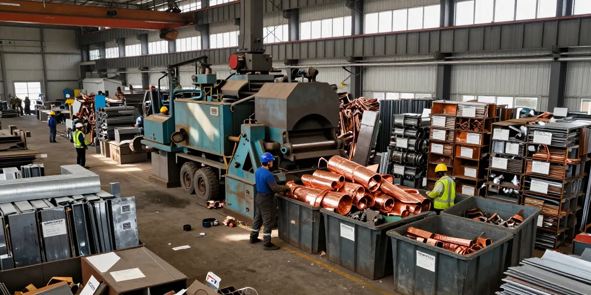 Proses penanganan logam bekas di https://www.scrapsolutionplace.com/ dengan pekerja yang menggunakan peralatan keselamatan.