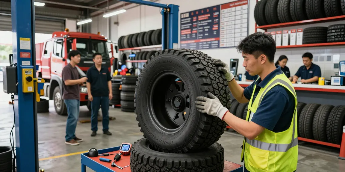 Technician checking a Double Coin RR99 tire in a busy automotive shop.