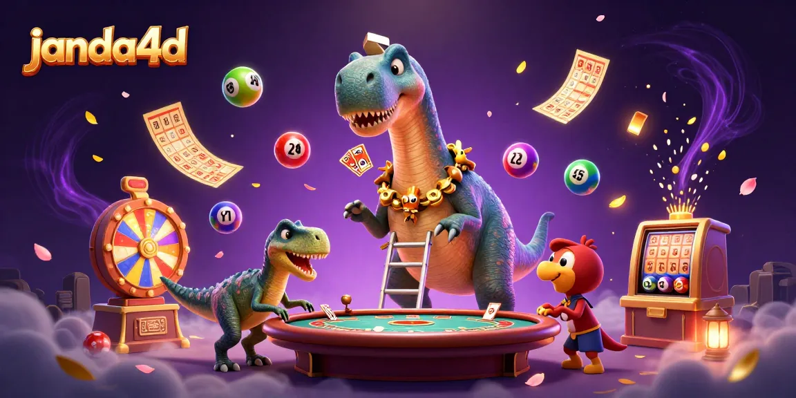 Janda4d menampilkan ilustrasi kasino dengan dinosaurus dan elemen lotere dinamis.