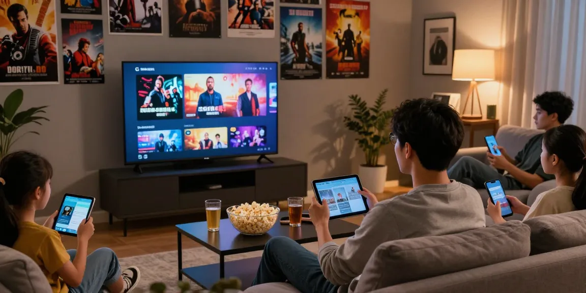 Family enjoying IPTV streaming on smart TV in a cozy living room.