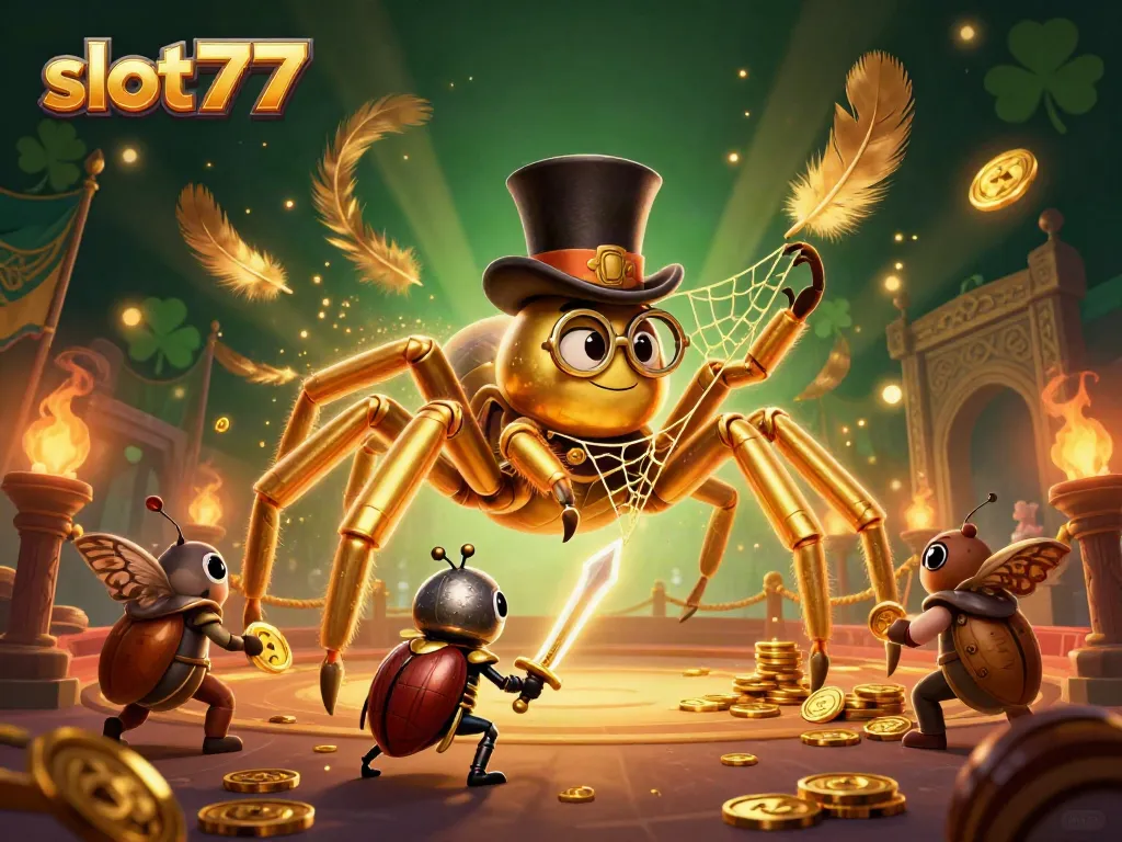 Sensasi bermain slot777 dengan laba-laba emas dan ksatria kecil di arena kasino yang megah.