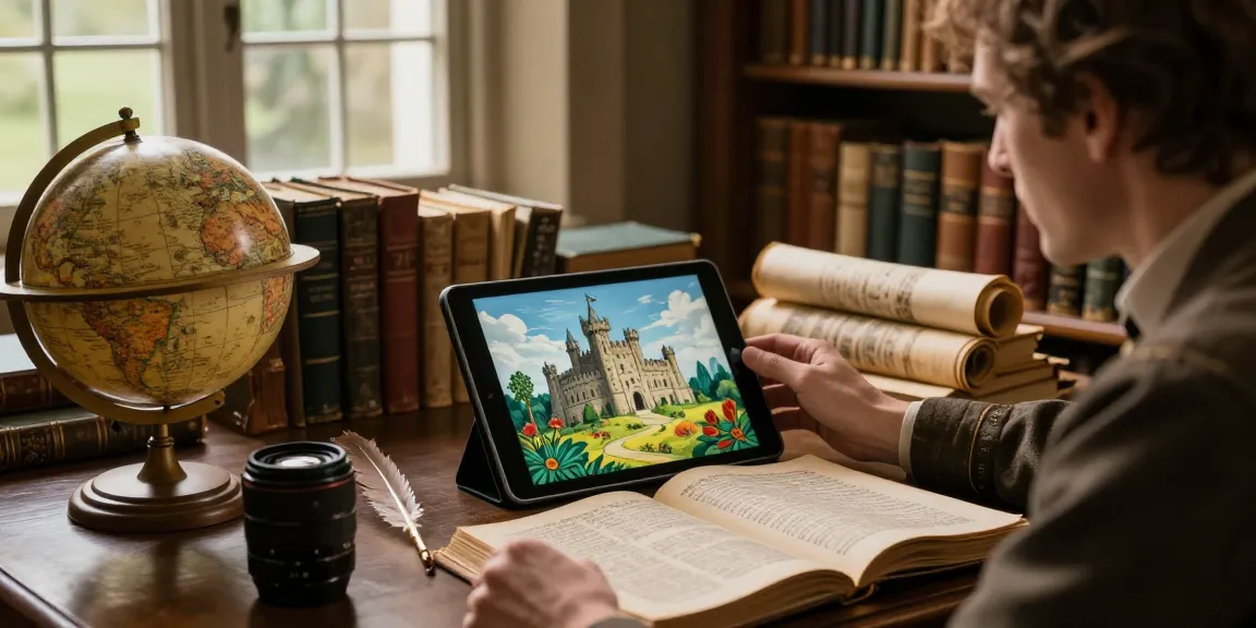 Tynte's Castle blog on https://tyntescastle.com with a researcher in a library studying ancient texts.
