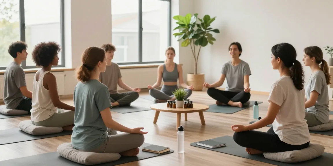 Health and wellness meditation session promoting mindfulness and tranquility.