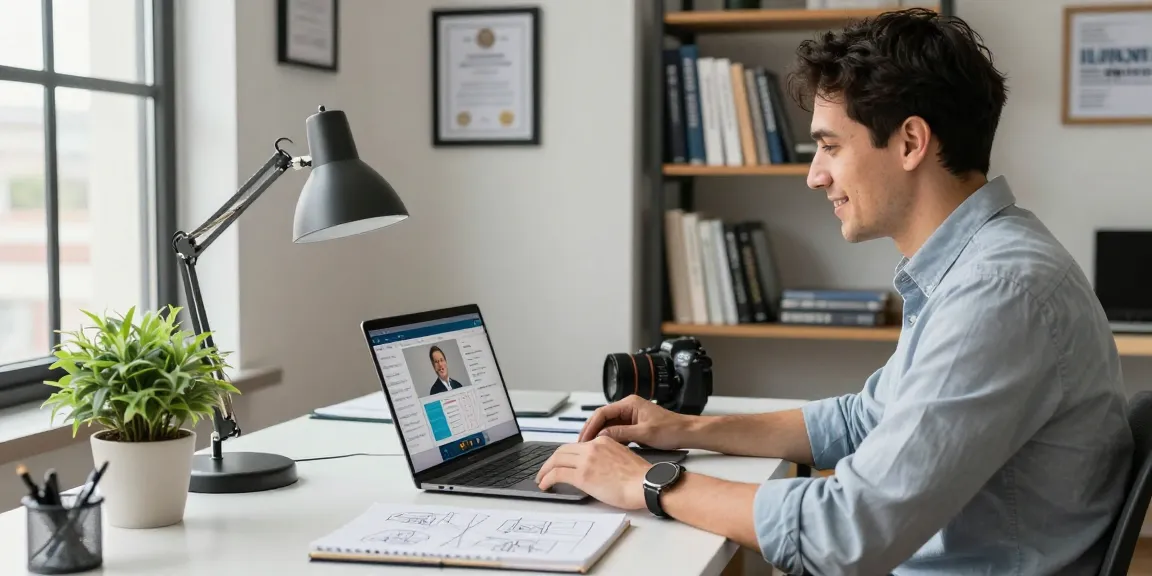 Self-employed consultant engaging in a video call in a well-designed workspace, showcasing professionalism and productivity.
