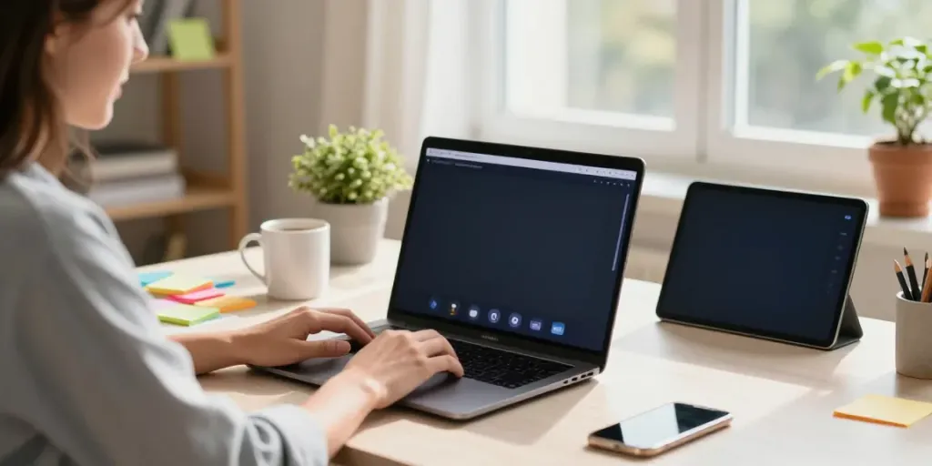 Young woman using Insanony in a cozy home office setting