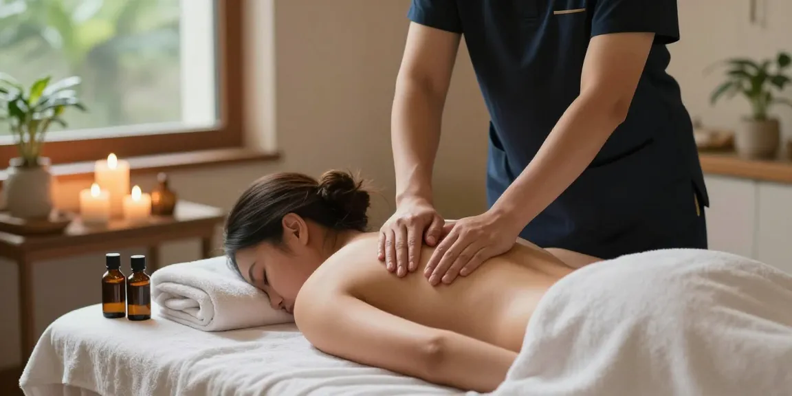스웨디시 마사지 세션 장면, 아로마 오일과 부드러운 수건이 있는 마사지 테이블.