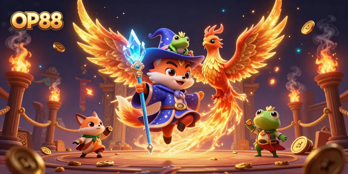 Experience thrilling gaming action with OP88, featuring a mystical wizard fox and phoenix in a vibrant casino scene.