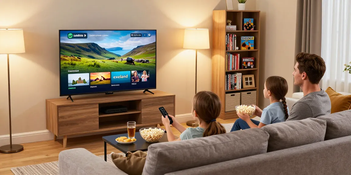 Family enjoying IPTV Ireland streaming in a cozy living room with snacks.