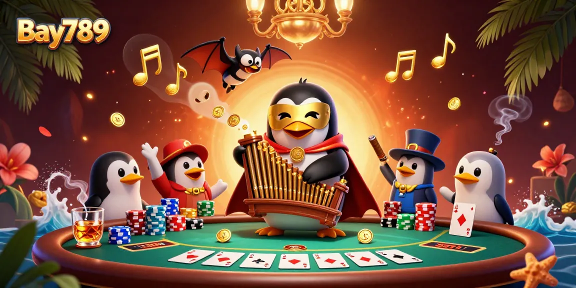Experience fast-paced poker action at Bay789 with a lively 3D cartoon scene featuring a unique penguin organist.