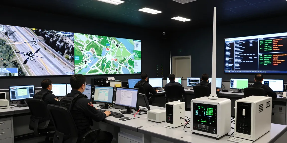 Operators engaged in monitoring anti drone jammer systems at a security command center for airspace safety.