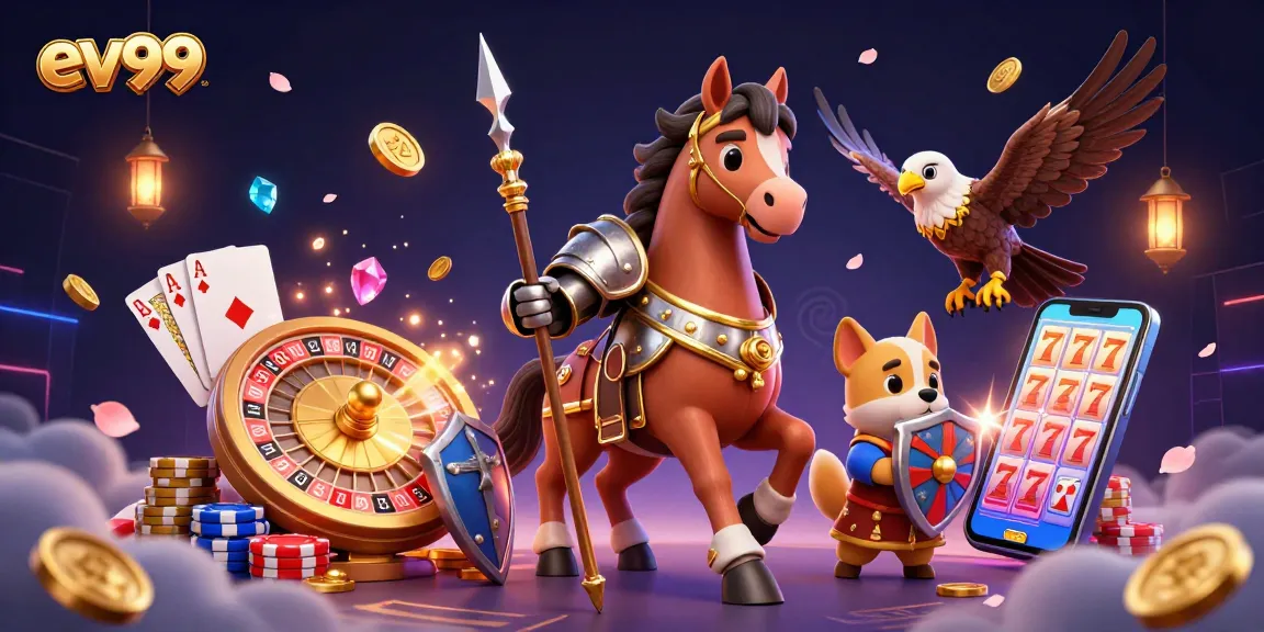 Vibrant illustration of the ev99 casino experience featuring knights, gold coins, and roulette elements.