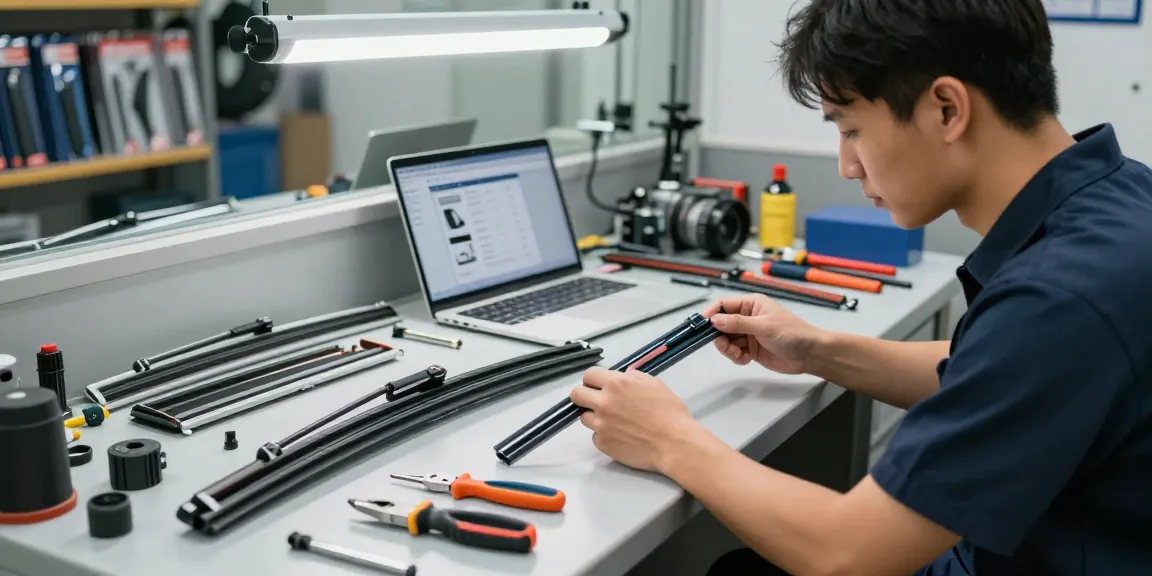 Technician inspecting flat wiper blades in an automotive workshop, showcasing various models and tools.