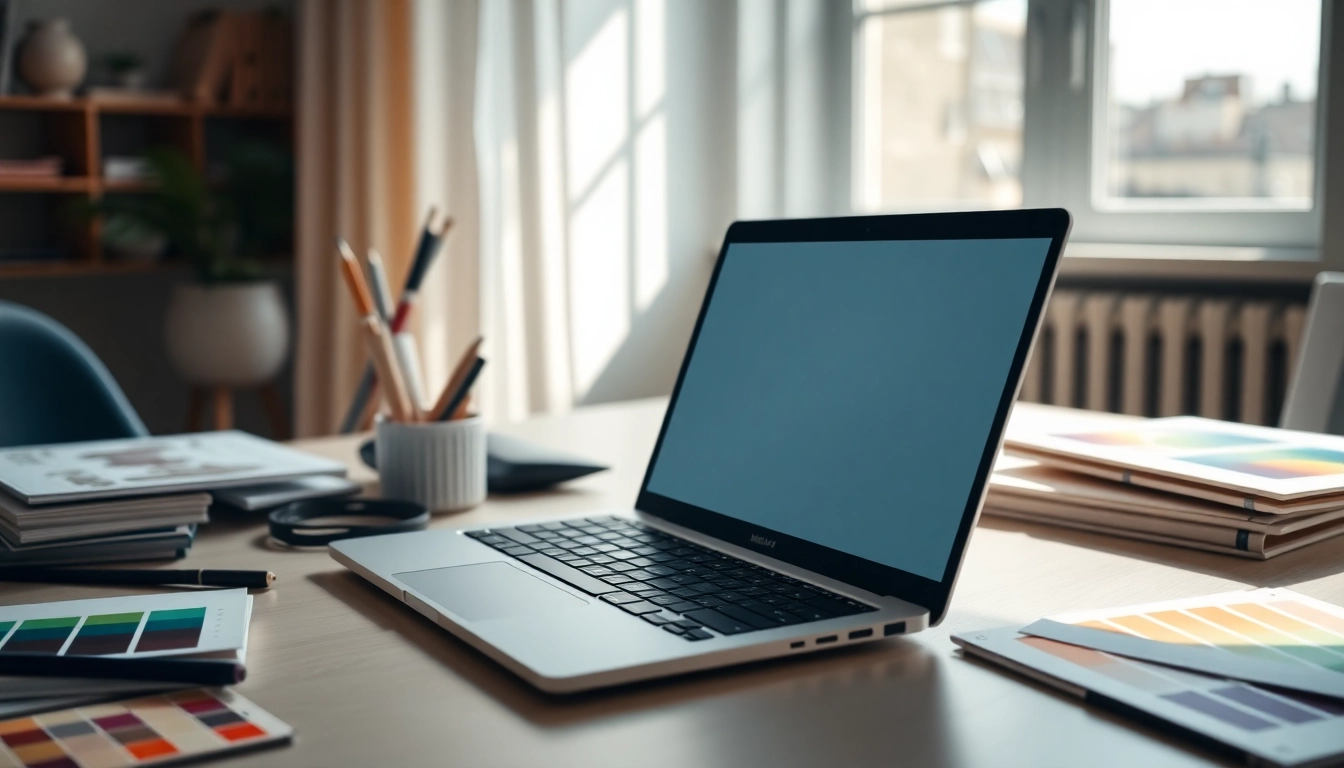 Arbeiten auf https://alvionz.de/ mit kreativen Tools und einem modernen Laptop in einem hellen Raum.