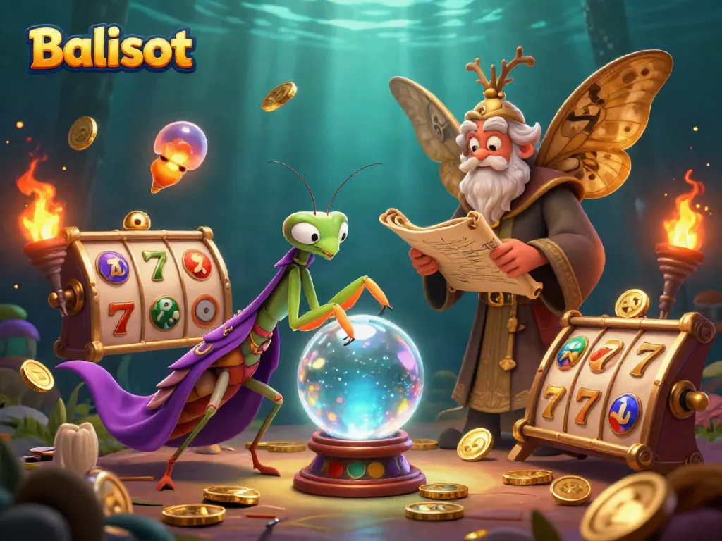 Balislot showcases a mystical fortune teller and librarian with dynamic slot symbols in a vibrant scene.