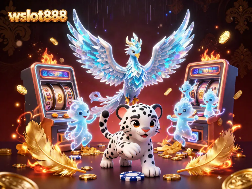 Menggandeng wslot888, ilustrasi 3D menampilkan phoenix es dan anak macan tutul dalam suasana mesin slot.