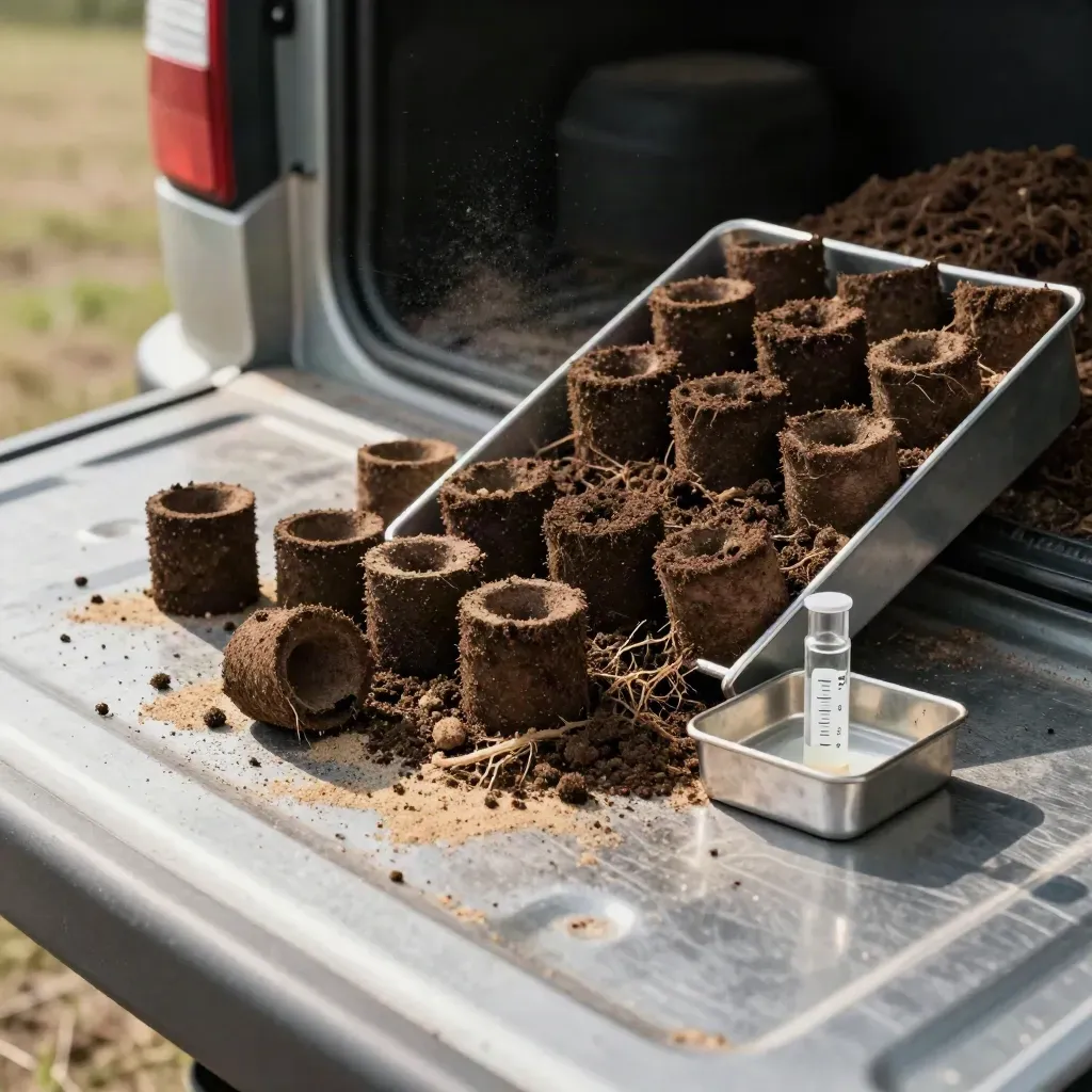 Soil core samples and pH vials on a field tailgate with blurred pasture beyond.