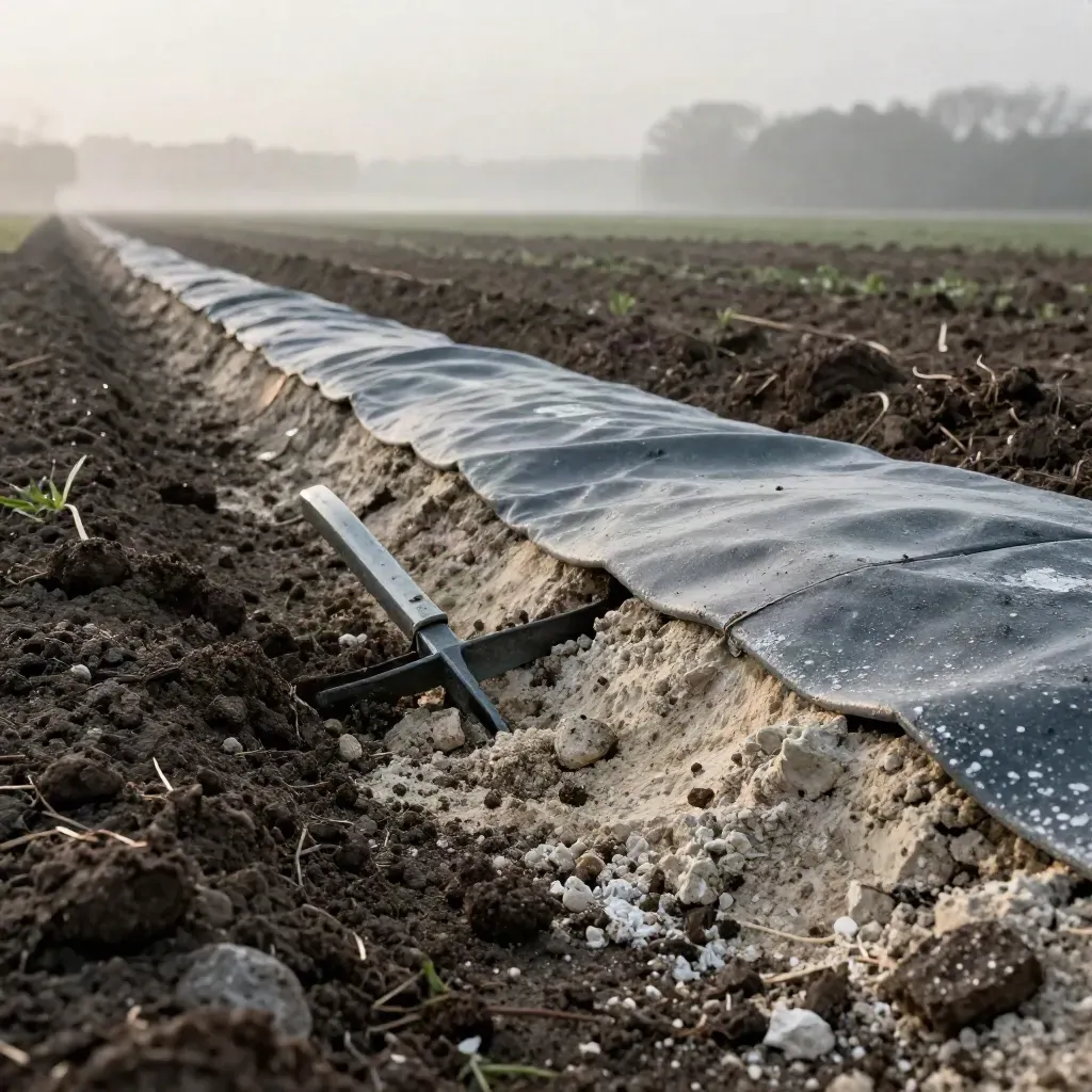 Rain-fresh soil blend, probe, and erosion blanket at a misty field edge at dawn