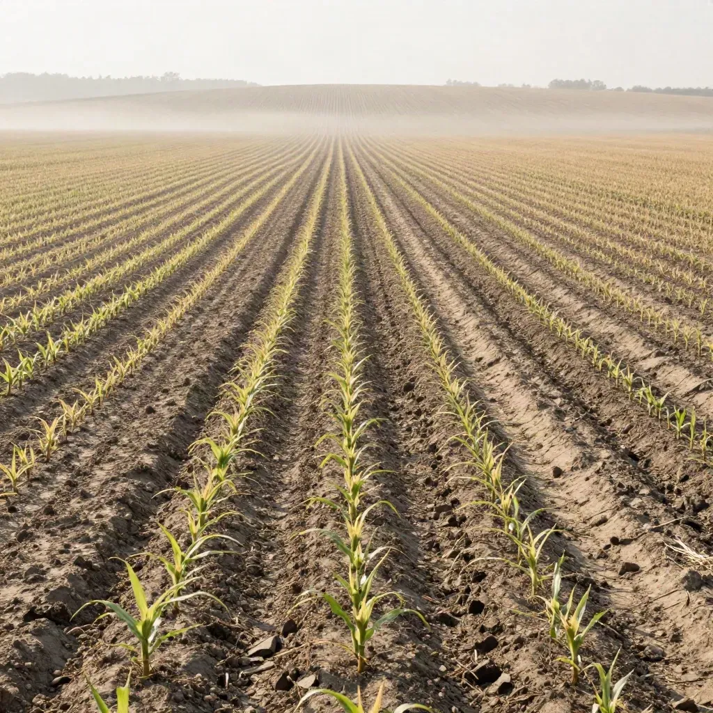 Morning corn rows in limed soil, uniform emergence across a hazy field