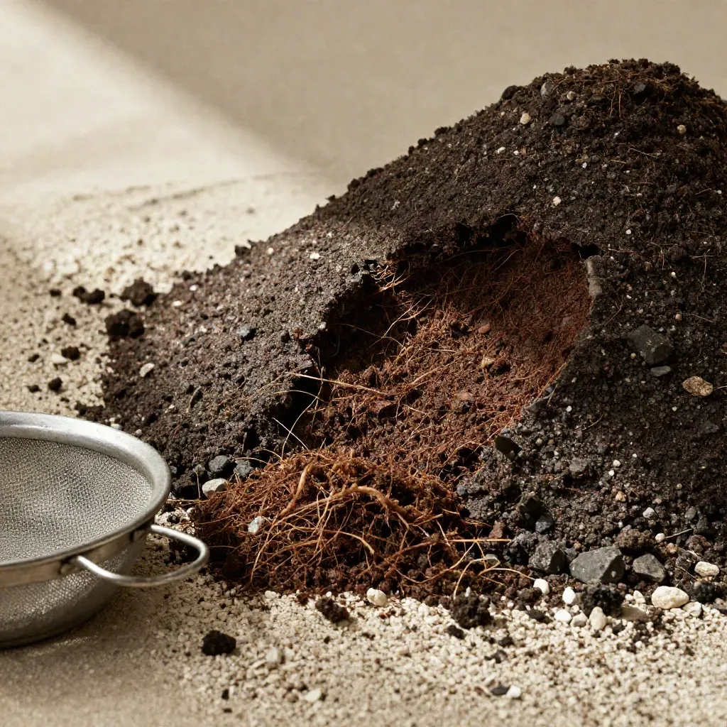 Macro compost mix cracking open beside a sieve and mixing pan in pale gravel under raking light.
